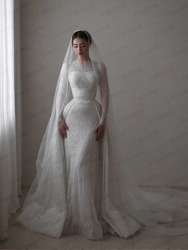 Luxury Wedding Dresses High Neck Long Sleeve Mermaid Bride Dress Detachable Train Civil Bridal Gown Customized robe de mariée