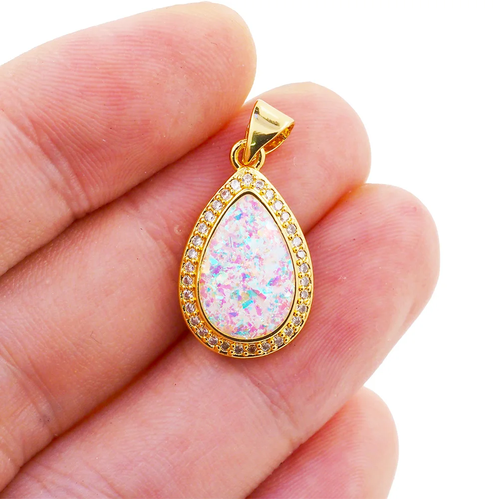 New Trendy Fahsion Opal Water Drop Pendant Copper Gold Plated Couple Necklace Accessories CZ Charms Jewelry For Women Men