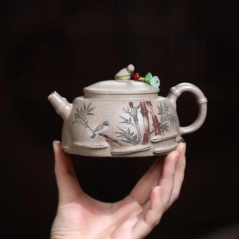 Tetera de arcilla púrpura Yixing creativa china de 250ml, tetera de hoja de bambú hecha a mano, mineral crudo, hervidor de barro Duan blanco, juego de té Zisha