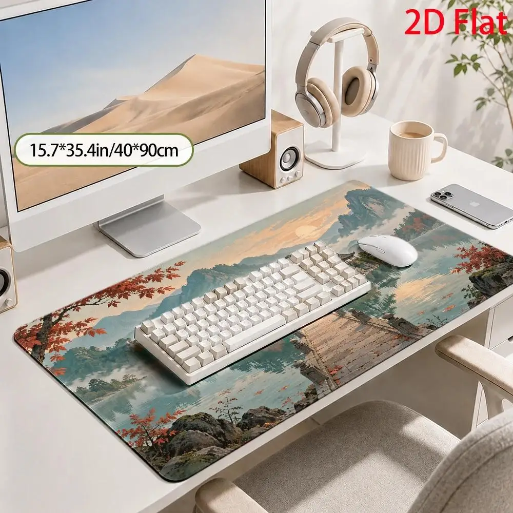 Quiet China Landscape Large Mouse Pad, with traditional pagoda bridge design, minimalist Zen aesthetic, autumn festival