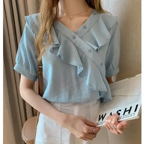 Women Summer Elegant Irregular Button Ruffled V Neck Short Sleeve Blouses Lady Solid Loose Shirt Female Sweet Chiffon Top Korean