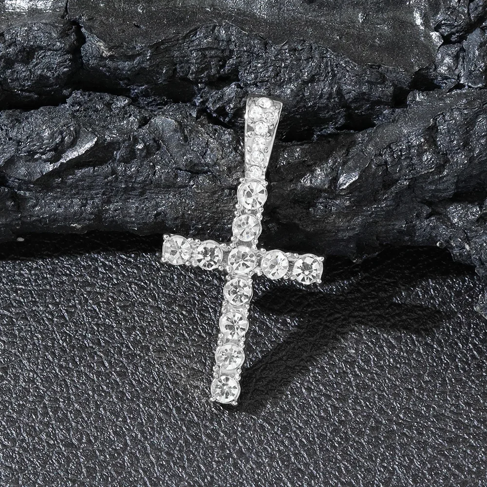 European and American hip-hop diamond studded cross pendant Cuban chain necklace full diamond single row diamond tennis chain
