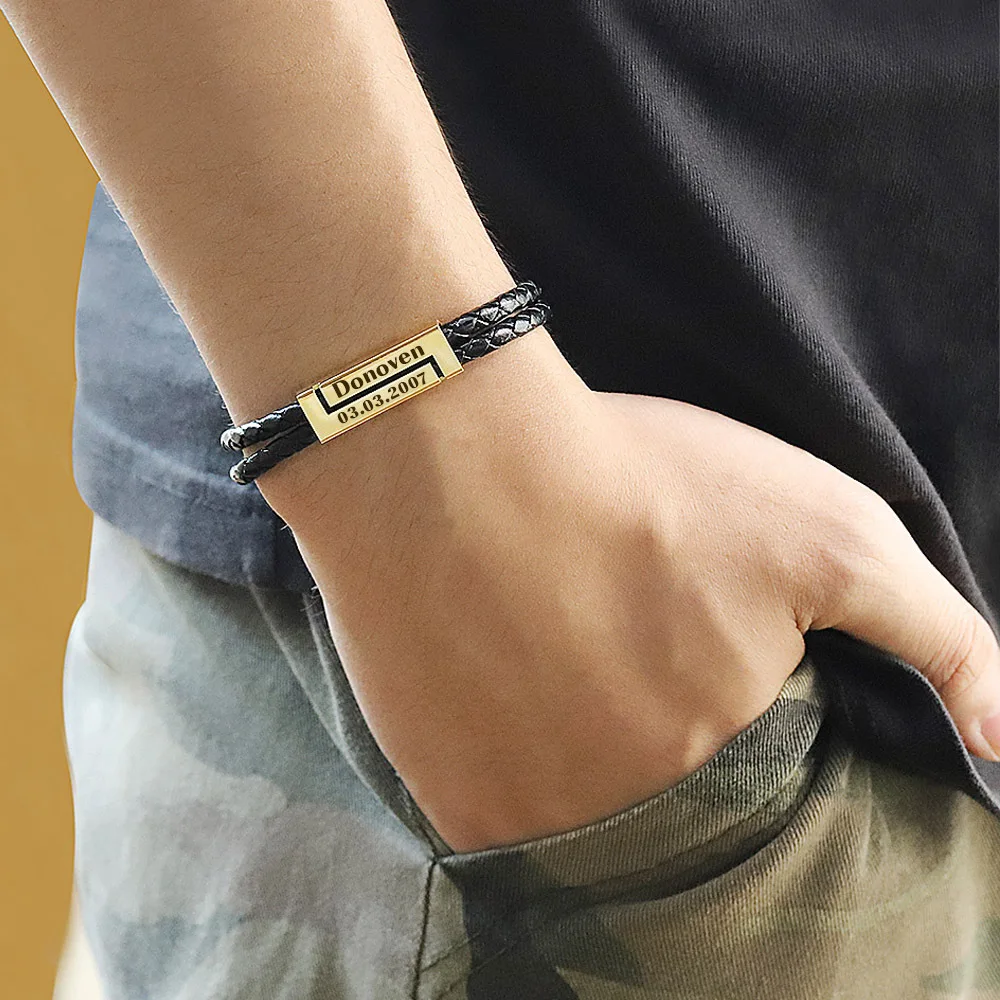 

Personalized Engraved Simple Leather Bracelet Custom Name Date 18k Gold Silver Black Plated Braided Jewelry Gift for Fathers Day
