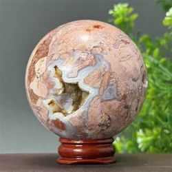 Natural High-Quality Pink Agate Geode Ball Healing Energy Meditation Aura Altar Divination Ball Home Decoration Gift + Base