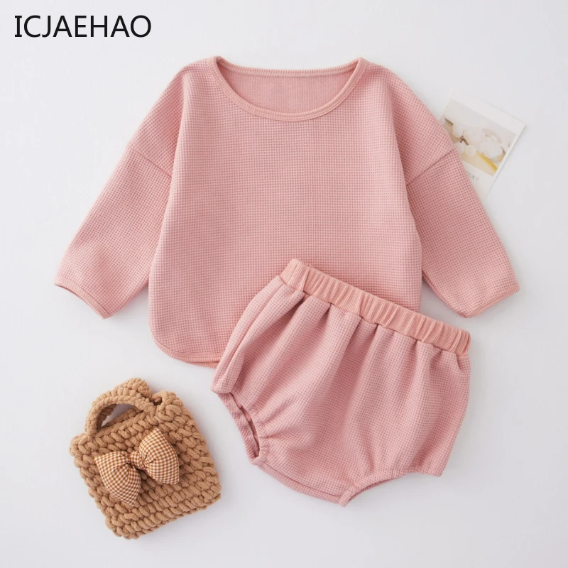 

ICJAEHAO 2024 Girls' Suit 2-piece Set Long Sleeve Waffler Pullover Sweatshirt Triangle Shorts Children's Clothing Spring Autumn