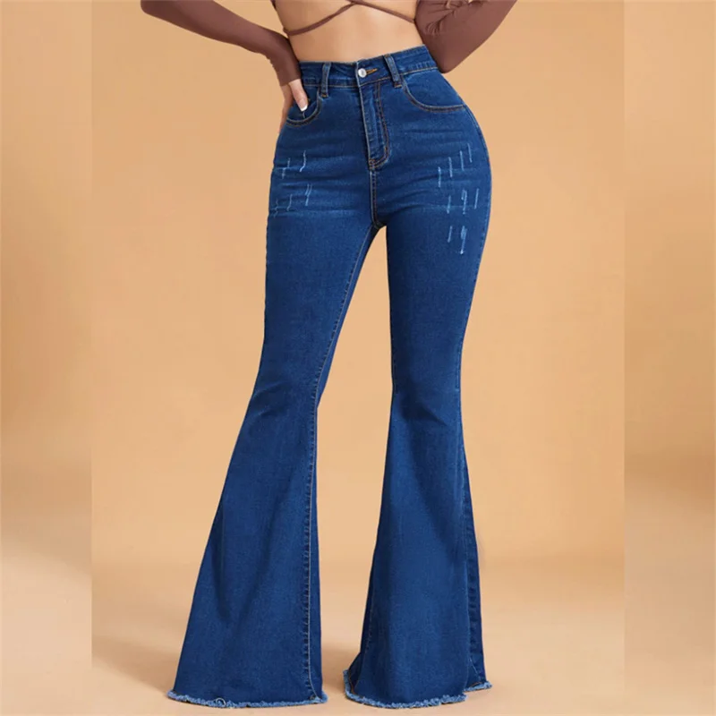 Fashion Scratch Women Flared Jeans New High Waist Stretch Denim Pants Female Casual Commuter Slim Fit Hip Lift Wide Leg Trousers