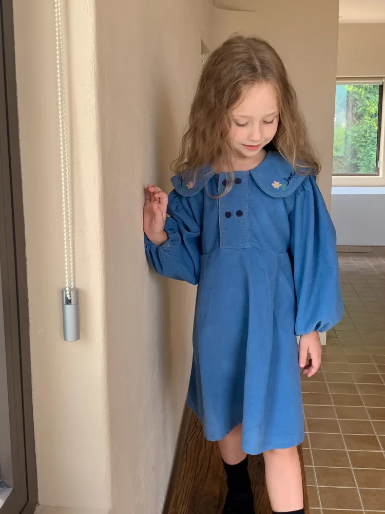 Girls Spring Autumn Embroidery Bubble Sleeve Dress Kids European Style Birthday Homewear Children Photography Evening Outfits