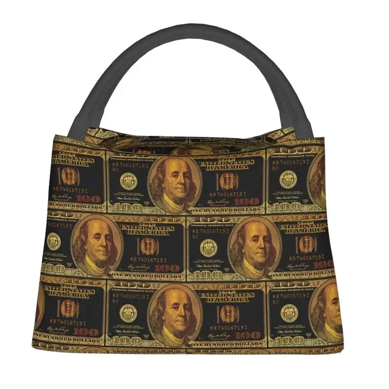 Gold 100 US Dollar Bill Lunch Boxes for Women Banknotes Pattern Thermal Food Insulated Lunch Bag Hospital Office Pinic Container