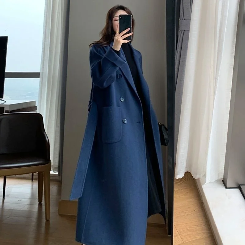 Autumn Winter Women Woolen Cloth Coat Warm Long Length Double Breasted Navy Blue Female Elegant Outerwear Loose Belt Overcoat