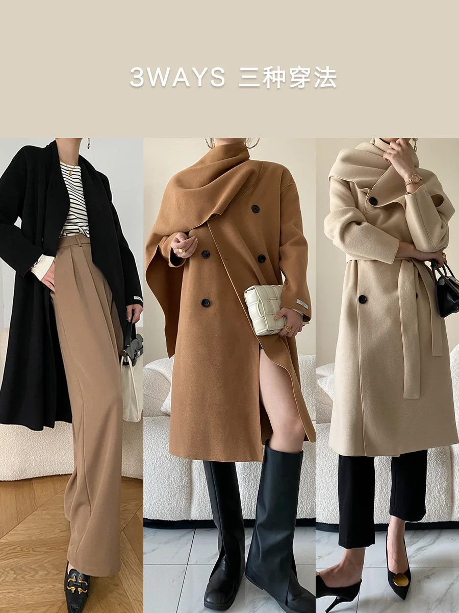 Multi-wearing Scarf Collar Wool Blends Coat For Women Double Breasted Loose Women Winter Luxury Woolen Coat manteau femme hiver