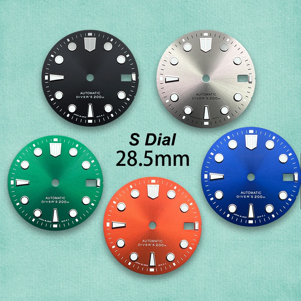 

28.5mm S Logo NH35 Sunray Dial Suitable For NH35/NH36/4R/7S Movement C3 Green Luminous Quality Watch modification accessories