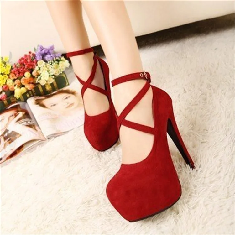 2023 Women's High Heels Round Head Stiletto Bride Wedding Shoe Ankle Buckle Platform Large Size Ladies Party Dress Pumps 11cm