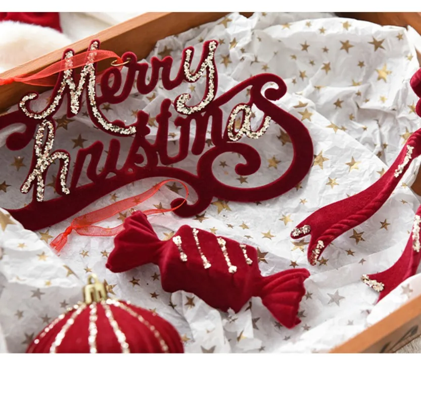 Christmas Tree Supplies Red Flocking Pendant Bow Wreath Candy Cane Elk Butterfly Hanging Ornament Xmas New Year Party Home Decor