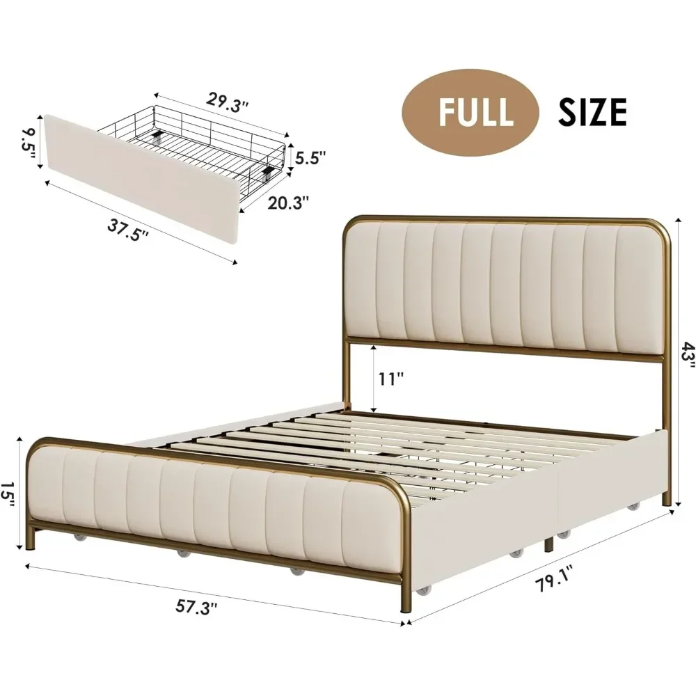 Beds, Upholstered Full Size Bed Frame with 4 Storage Drawers and Headboard, Heavy Duty Metal Mattress, Beds