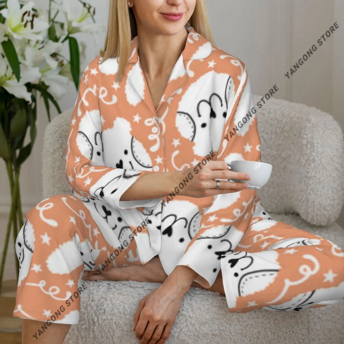 Women Sleepwear Loungewear Cartoon Rabbit And Bear Pattern Long Sleeve Lapel Neck Shirt and Elastic Waist Pants Pajamas Set