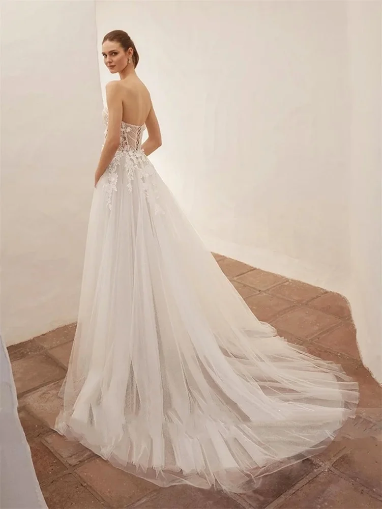 Customized Sexy Women Split Side Wedding Dresses Corset Wedding Party Gown Lace Floral vestido boda civil Bridal Dress