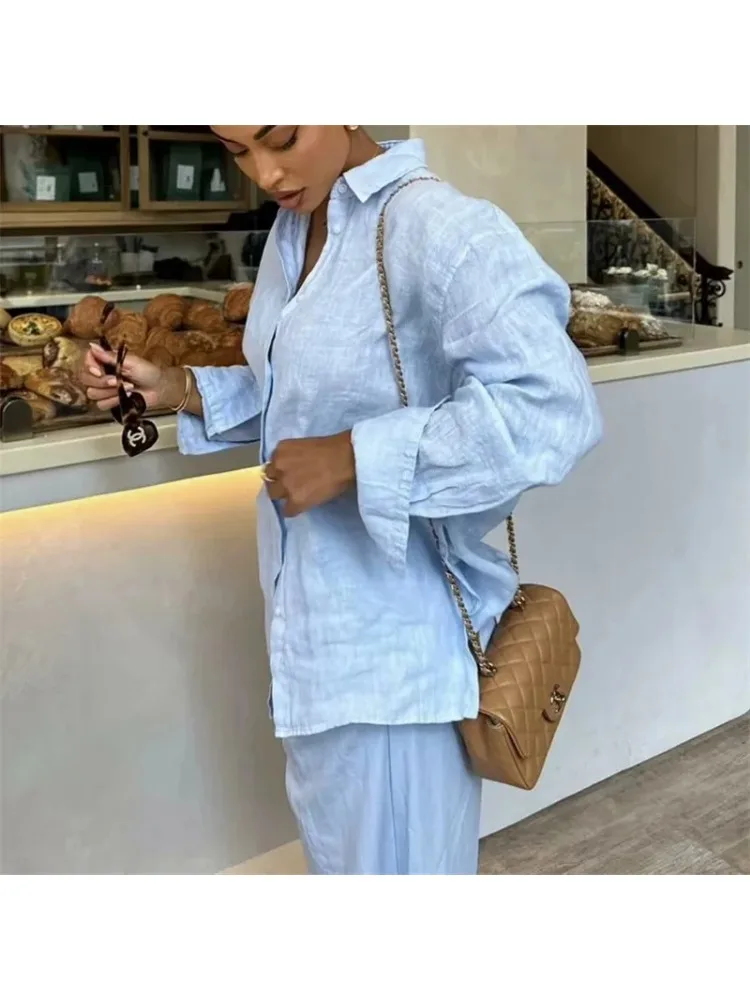 Women Fashion Long Sleeve Blouses 2024 Blue Linen Shirt for Women Long Oversize ShirtsSummer Loose Women\'s Casual Shirt