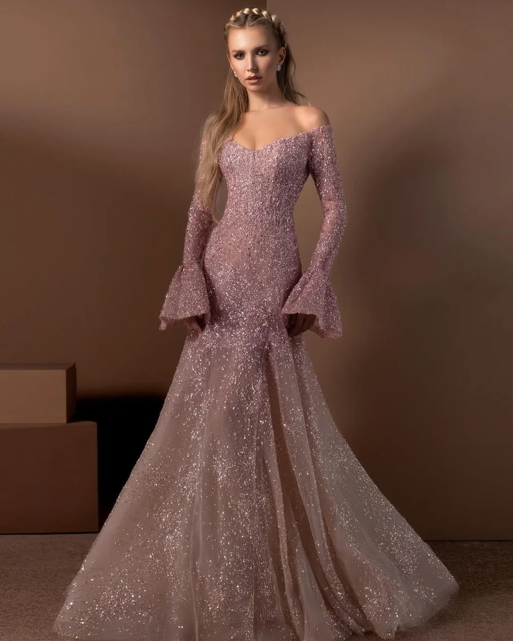 Customized Exquisite Sparkle Sequined Ruched Mermaid Prom Dreasses Off-the-shoulder Long Dresses Evening Dresses Intricate Sexy