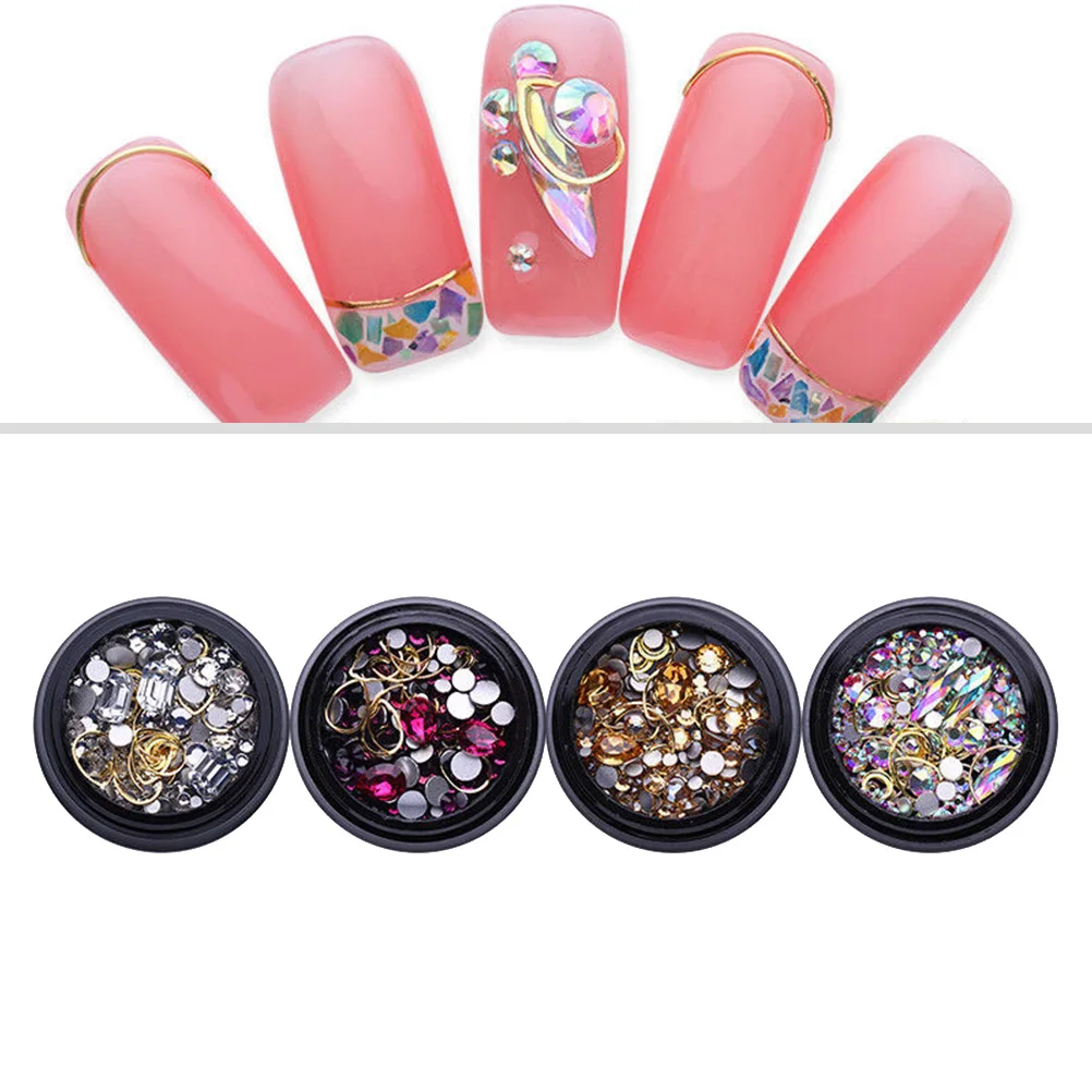 

4 Boxes Gold Nail Studs Sparkle Rhinestones Metal Rivets Hollow Moon Heart Shapes Nail Art Stickers Decoration