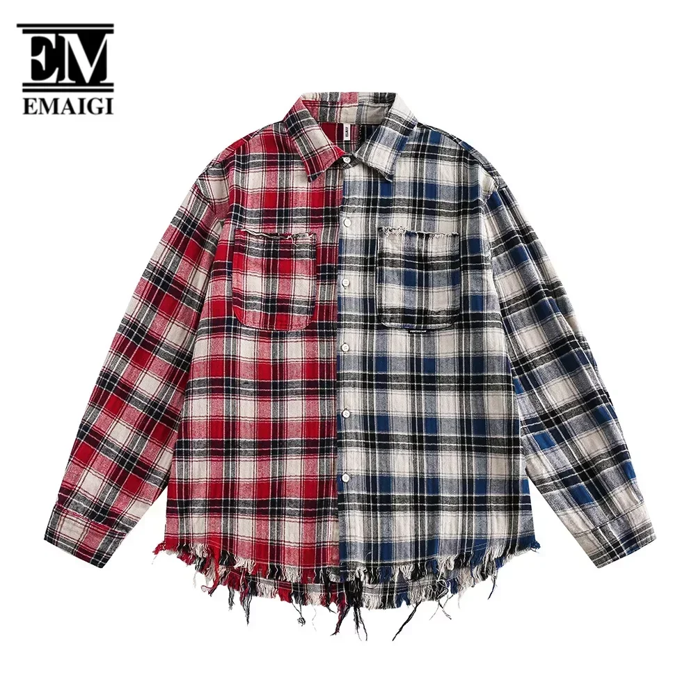 

Men Streetwear Fashion Hip Hop Loose Casual Broken Edge Plaid Long Sleeve Shirts Unisex Blouses Women Shirt Y2k Clothing