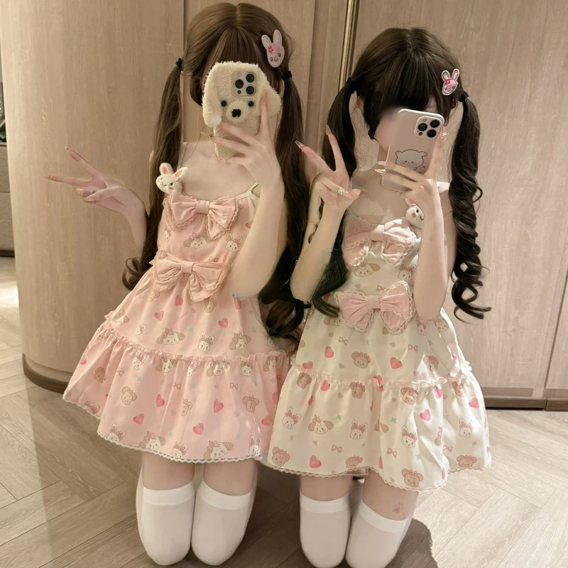 Japanische süße Lolita Stil Prinzessin Kleid Frauen süße Erdbeere Druck Bogen Leibchen Kleider weibliche Kawaii Y2k Party Mini Dresse