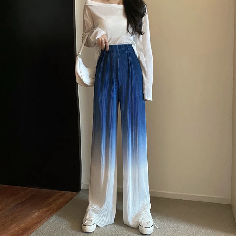 Vintage Gradient Color Wide Leg Pants Women Summer Thin Pleated Straight Trousers High Waist Elastic Streetwear Women Y2k Pants