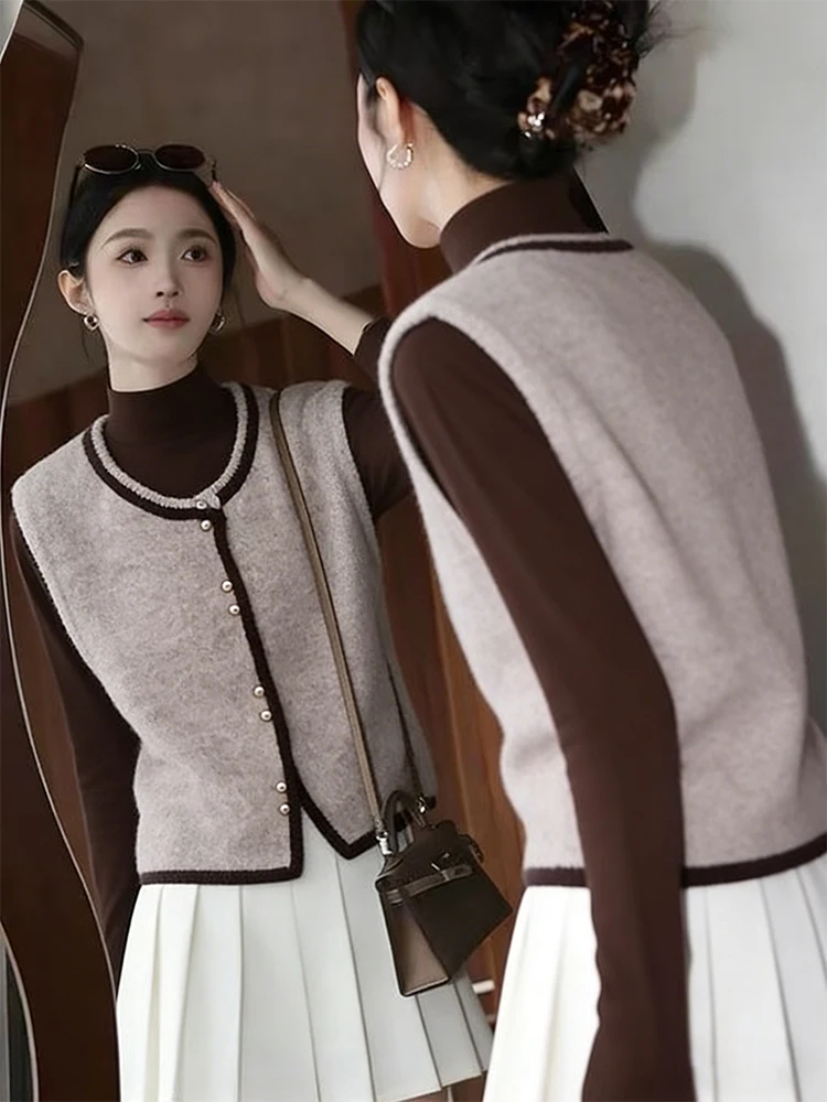 

Модный вязаный жилет с круглым вырезом для женщин, осенне-зимний, новый, универсальный, для многослойных образов, очень стильный.