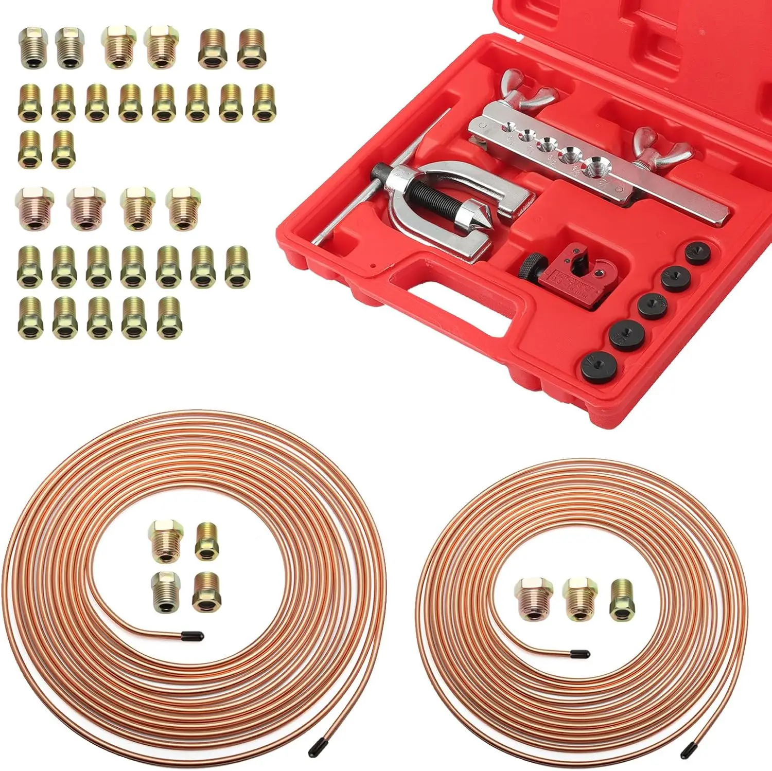 

25Ft 1/4' & 3/16' Brake Line Kit with Flaring Tool, 32 Inverted Fittings, Copper Plated Repair Kit