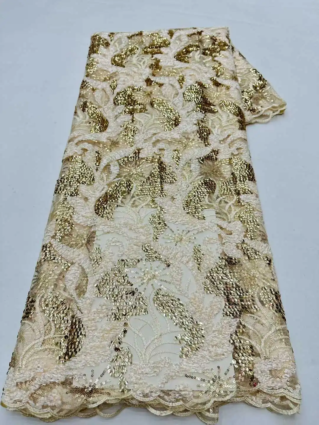 

Tulle Lace Fabric 2025 High-Quality Nigerian Embroidery Sequins Guipure Sewing 5Yards For Party Wedding Dress