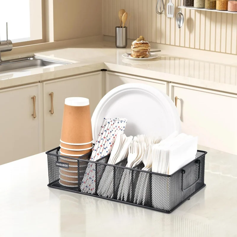 Paper Plate Organizer with Handle, Metal Silverware Caddy Kitchen Counter, Utensil Compartments P