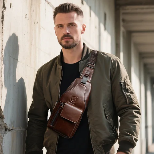 Imagen 2 del producto BULLCAPTAIN Bolso de pecho Retro de cuero genuino, bolso cruzado de piel de vaca para hombre, bolso de hombro de gran capacidad 