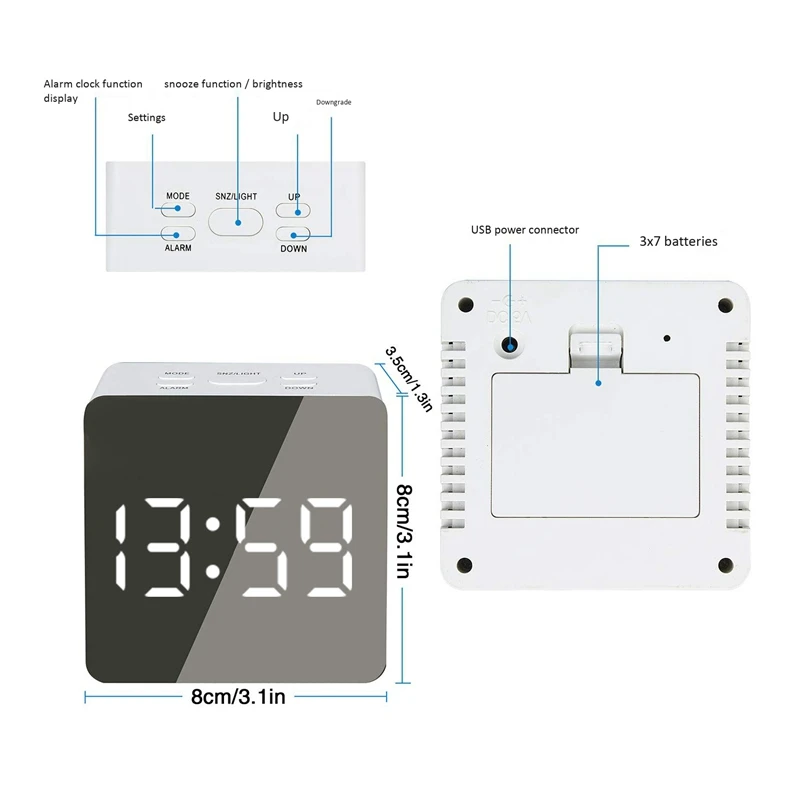 PWS Mirror Clock Alarm Clock Snooze LED Digital Table Clock Time Temperature Large Electronic Display Digital Desk Clock