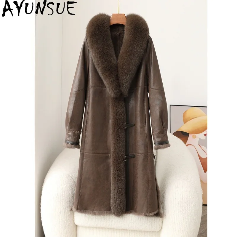 

AYUNSUE Fur Coat Woman Long Clothes New Woman Winter Coats Fox Fur Collar Korean Fashion Clothing for Woman Куртка С Мехом