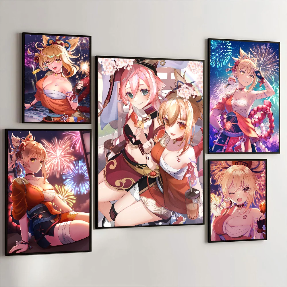 1pc Anime Genshin Impact Yoimiya Poster Self-adhesive Art Waterproof Paper Sticker Coffee House Bar Room Wall Decor