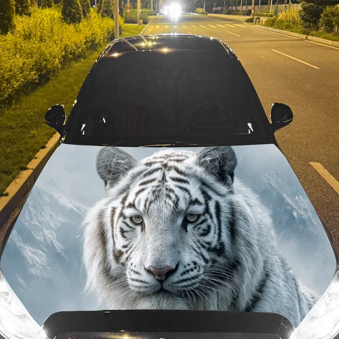 Car Decals A White Tiger Featuring Piercing Gaze And Striking Contrast In A Bold, Close - Up Presentation Car Hood Sticker, Wate