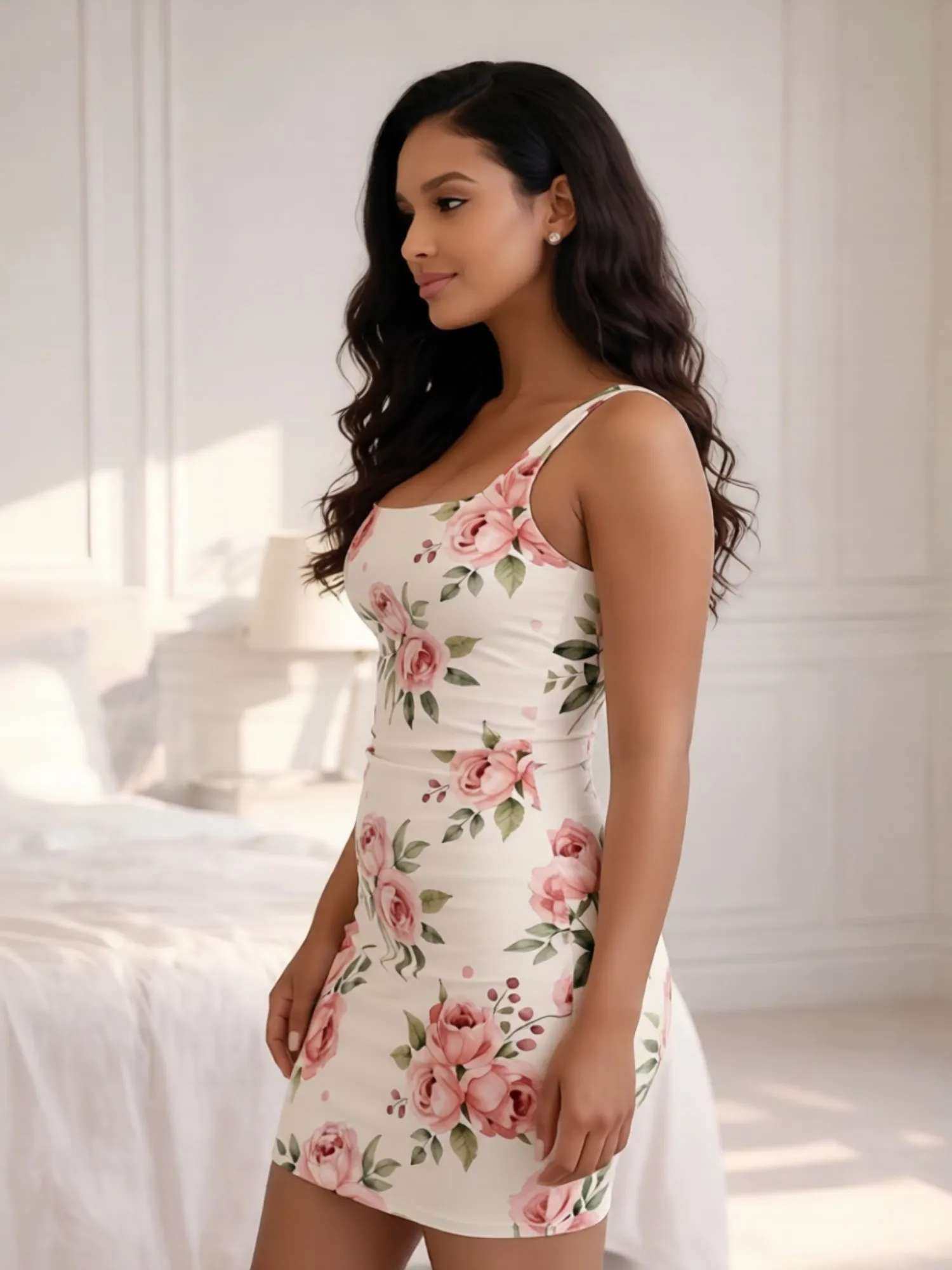 Damen-Minikleid mit quadratischem Ausschnitt, ärmellos, Blumenmuster, figurbetontes Minikleid, formendes Sommerkleid für Straßenpartys, Reisen, Abendessen und Sommerausflüge, schick – Detail 8