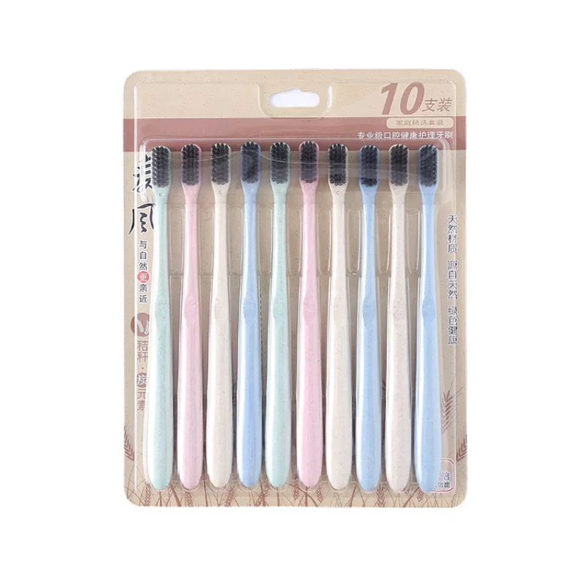 10 PCs Wheat Straw Toothbrush Adult Soft Bamboo Charcoal Binchoutan Unisex Household Family Pack Toothbrush  Vegan