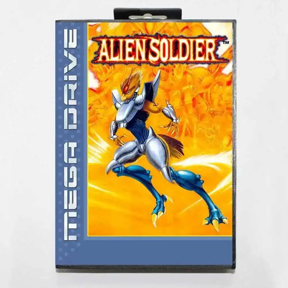 Cartão de jogo Alien Soldier MD com caixa para sistema Sega Megadrive Genesis de 16 bits