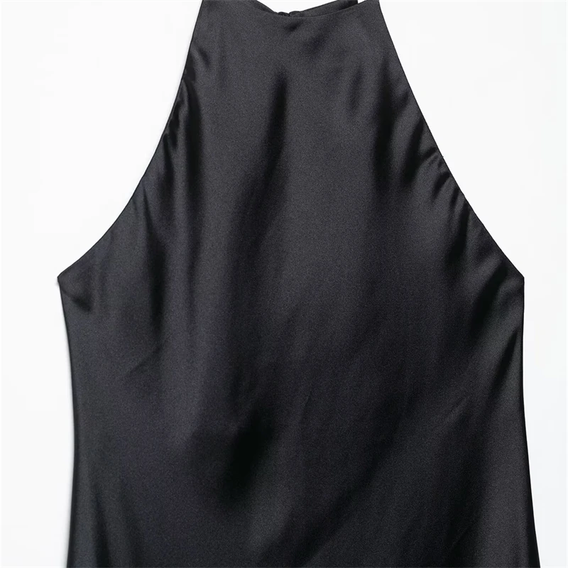 KEYANKETIAN 2025 nouvelles femmes soie Satin texturé Spaghetti sangle licou robe mode simplement mince noir une ligne robes MIDI