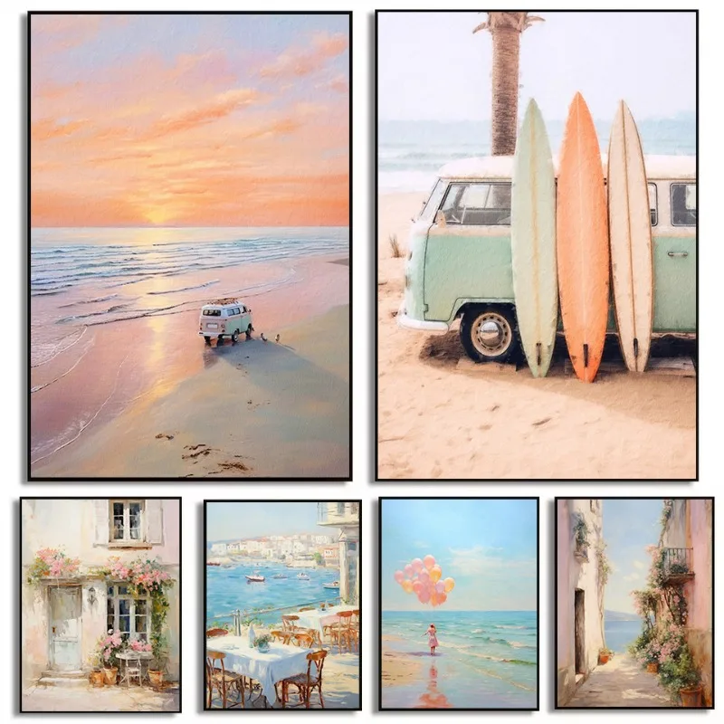 Retro European Coastal Italy Seascape Pink Alleyway Pastel Aesthetic Poster Canvas Painting Wall Art Pictures Home Room Decor