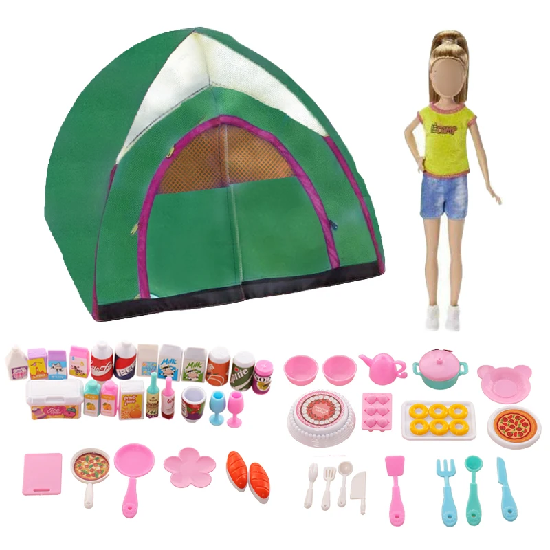 44 PCS Doll Travel Camping Tent Set and Accessories for Barbie 11.5 Inch Girl Doll Includes Doll Tent, Pizza, Doll Food