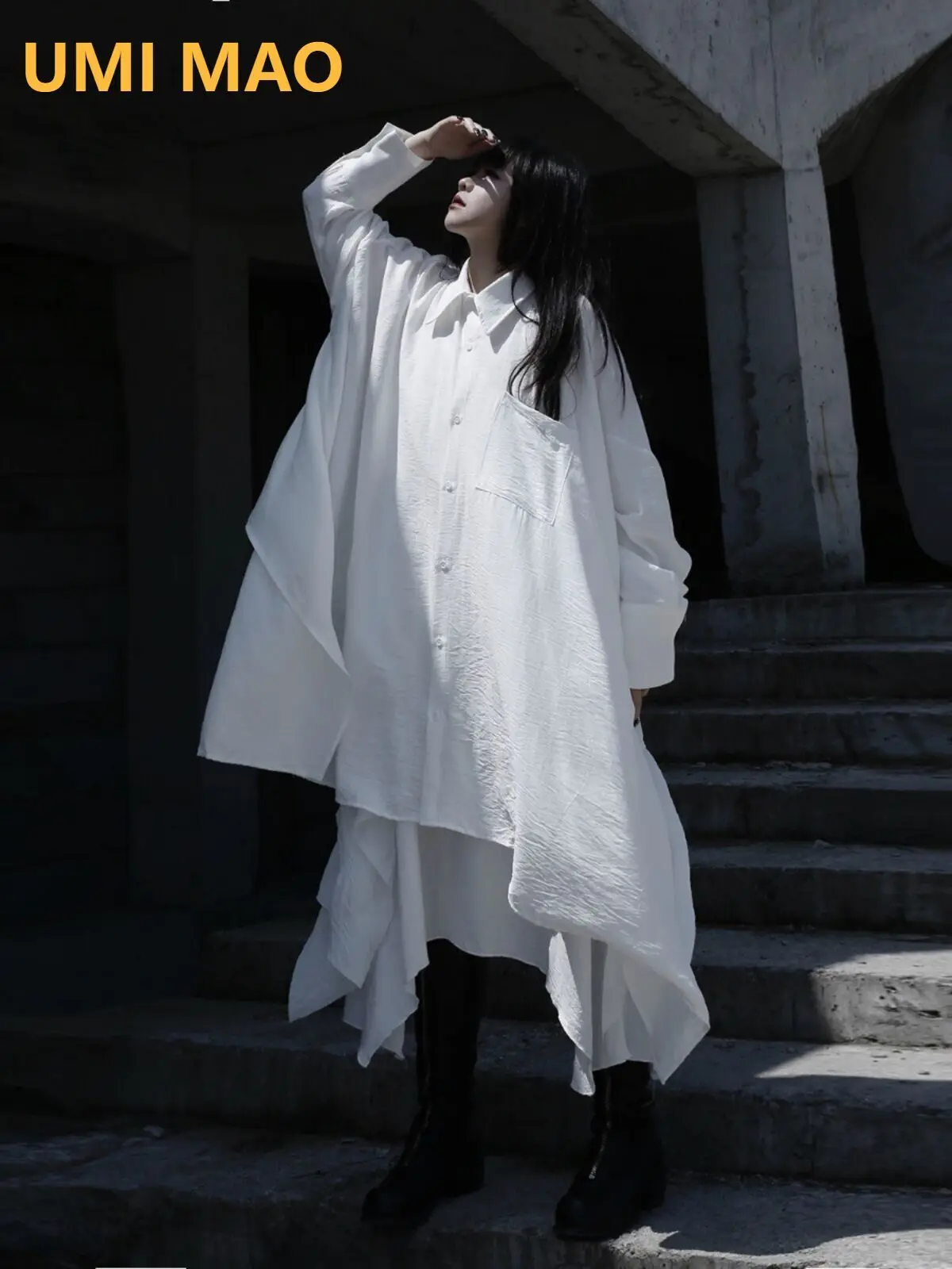 

UMI MAO Yamamoto Dark Top Asexual Original Niche Design Asymmetrical Loose Long Shirt Femme Y2K