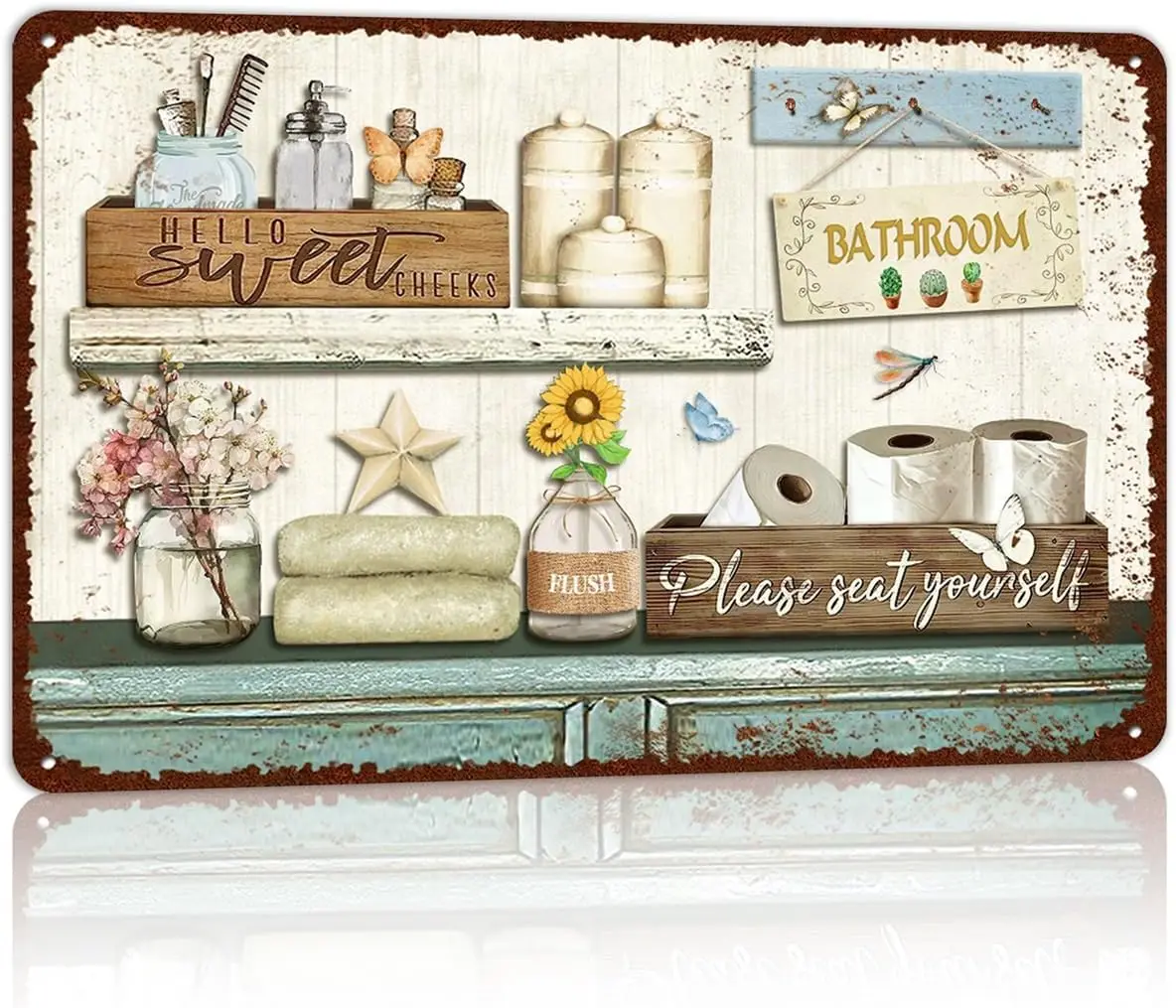 Vintage Farmhouse Bathroom Metal Tin Signs Rustic Flower Bathroom Decor Wall Art Country Bathroom Wall Decor