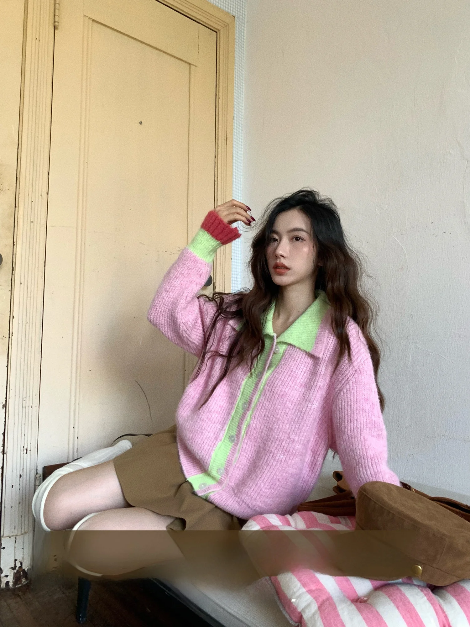 

Свободный женский вязаный свитер с воротником-рюшем, в стиле колор-блок, из смесовой шерсти, открытый кардиган на весну, осень, зиму