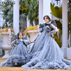 OEING Blush Grey Tulle Mom And Kids Prom Dresses Pretty Ruffles Princess Mother And Daughter Formal Party Gowns Photography