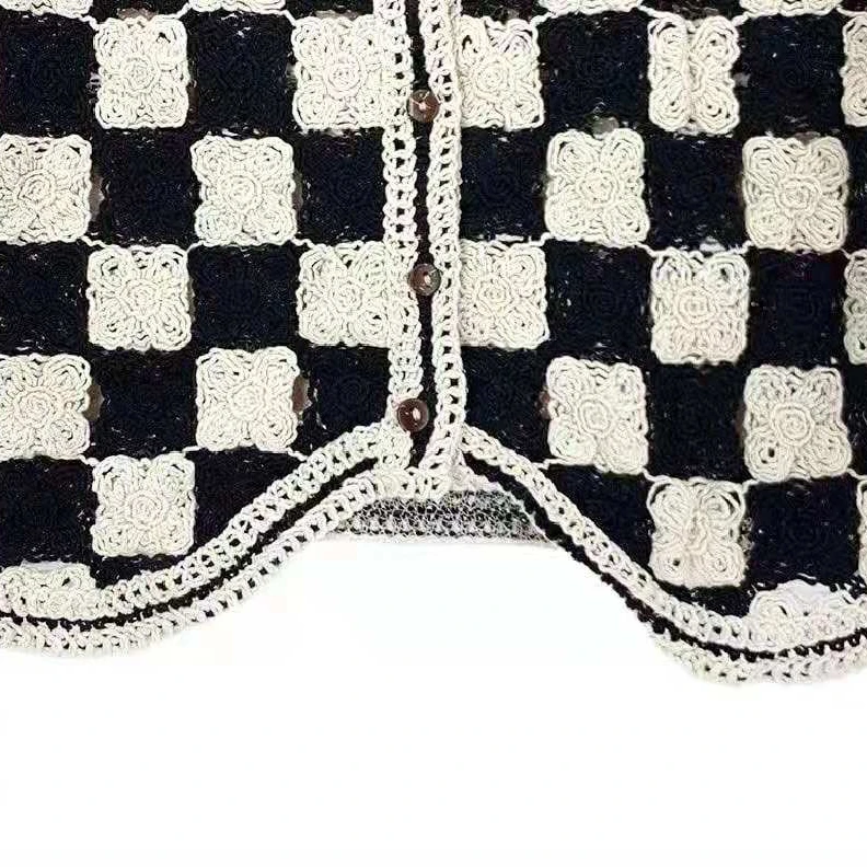 Checkerboard Crochet Vest for Women Black and White Plaid Button Front Sleeveless Jacket Tanks Female Summer Trendy Outfit