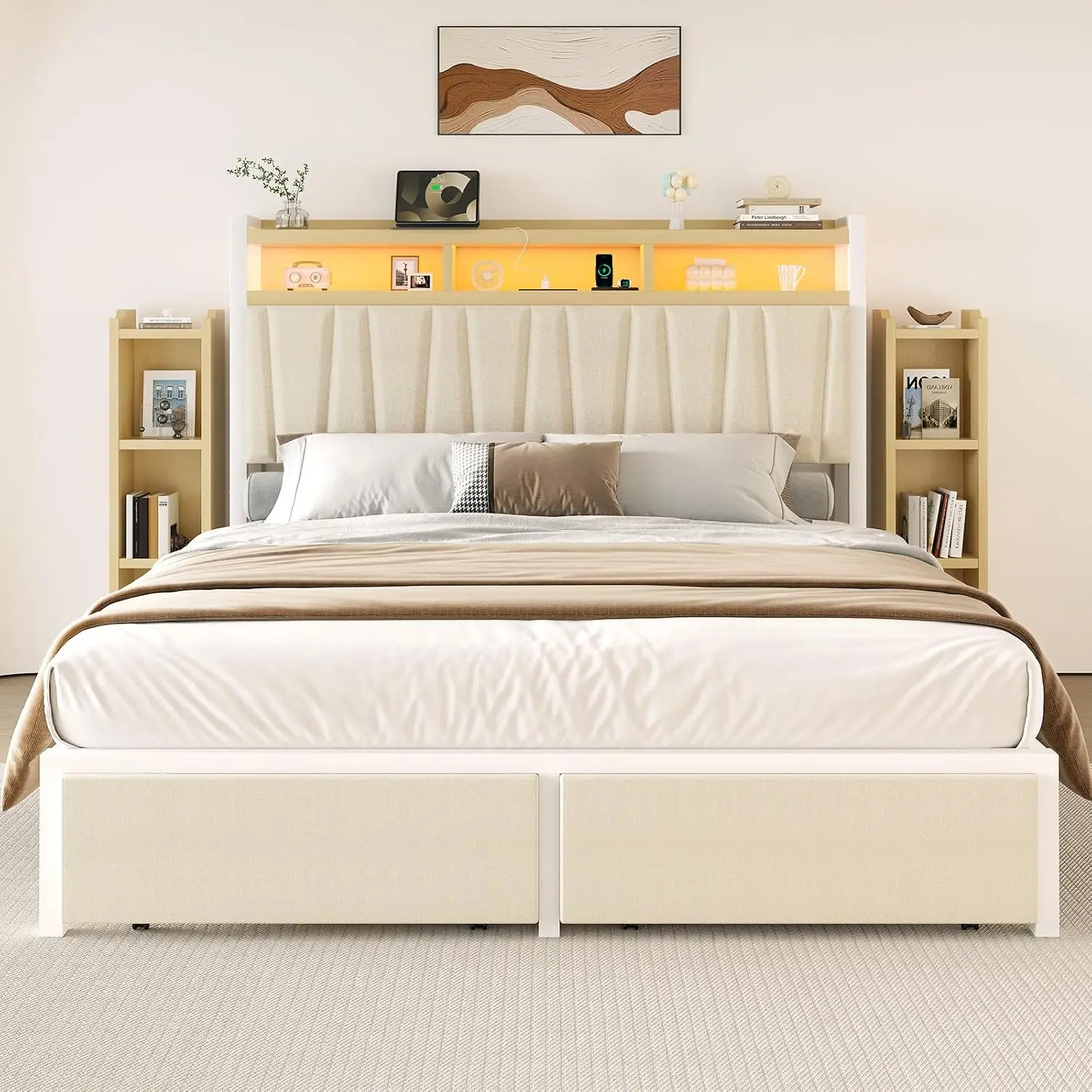 King Bed Frame with 2 Drawers, LED Chenille Headboard & 2 Movable Storage Cabinets, Platform Bed with Charging Station, No Box S
