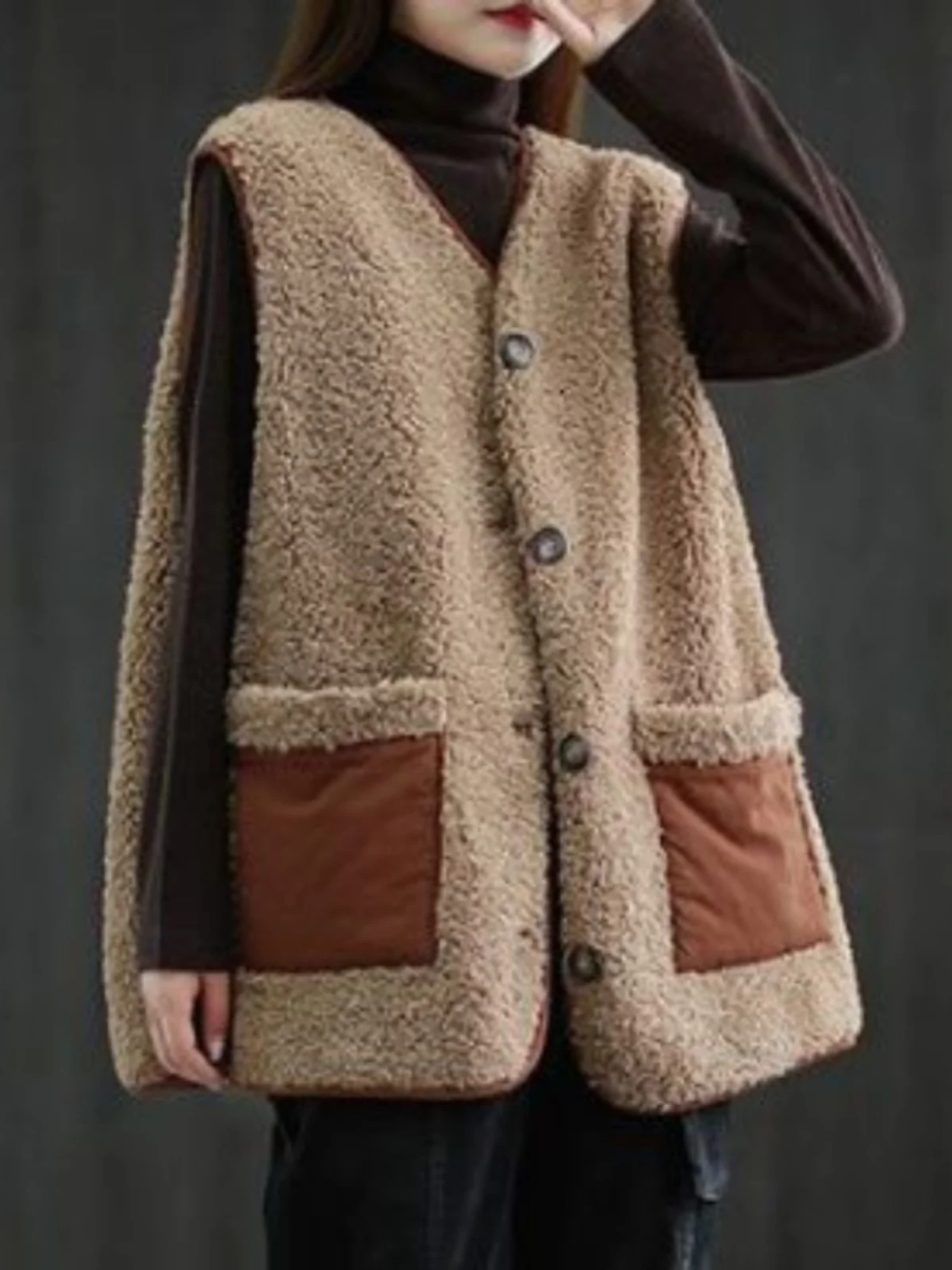 

Ladies' Lamb Fur Vest Outerwear Svel Women's Autumn Winter Jaet V-ne Button-up Faionable Layering Top