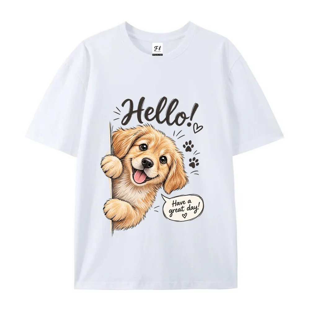 Women T Shirt Hello Golden Retriever Puppy Graphic Cute Dog Vintage White Summer Short Sleeve Loose Cotton Animal Lover Tops