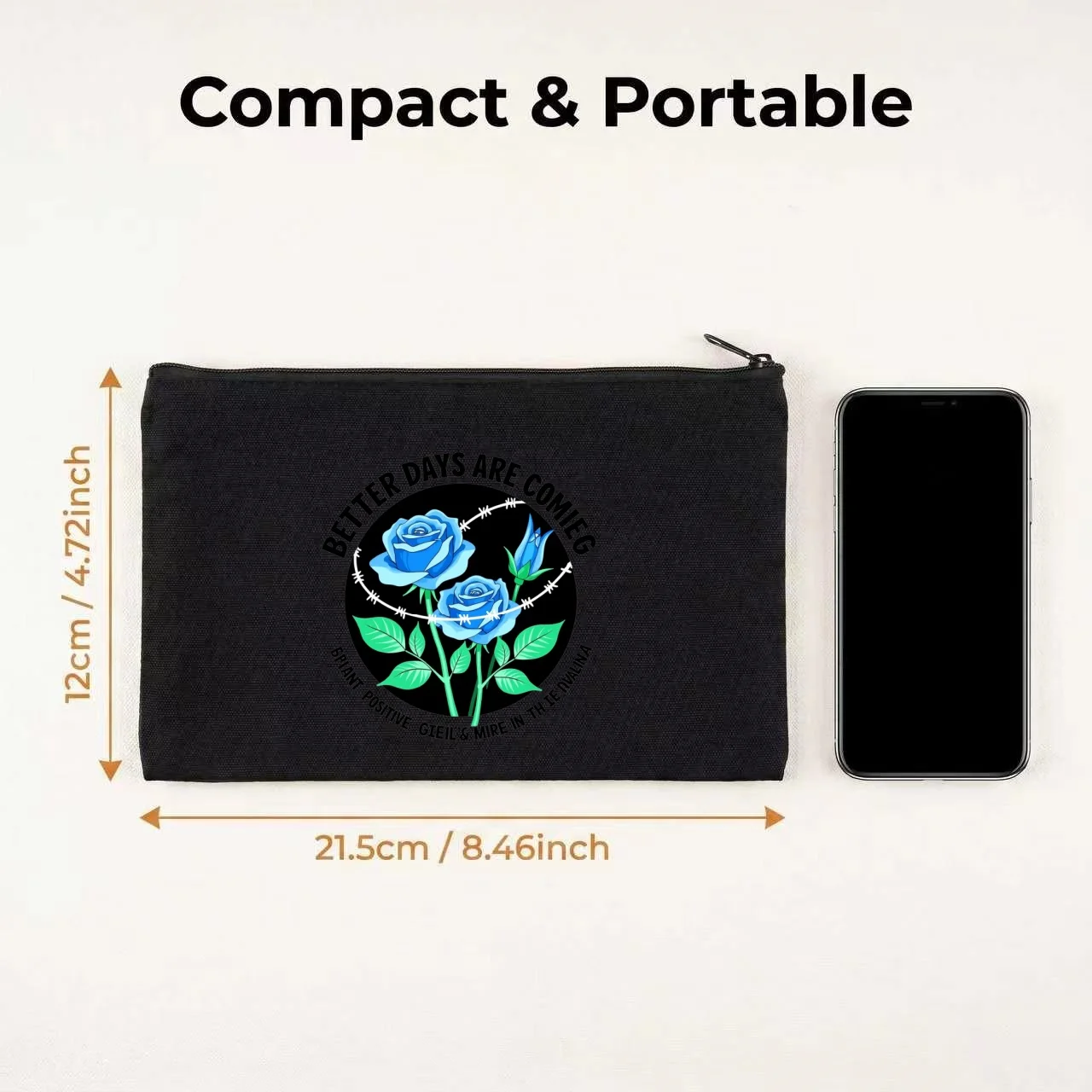 1PC Vintage Circular Black Background Blue Floral Positive Quote Print Makeup Bag Double Sided Canvas Daily Storage Organizer
